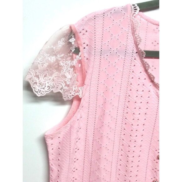 Womens top blouse 1X/2X/3X Pink EYELET KNIT romantic STRETCH lace CAP sleeve - Picture 5 of 12